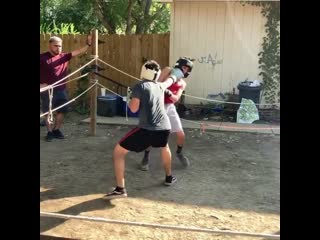 sparring in the backyard of the house