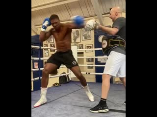 practicing sweeping kicks on the paws of anthony joshua