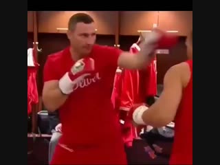 vitali klitschko helps his brother wladimir to warm up before the fight