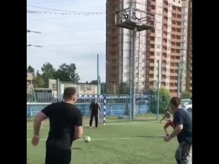 alexander povetkin and denis lebedev play football.