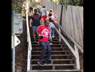 sugar leonard's cardio workout on the stairs in santa monica.